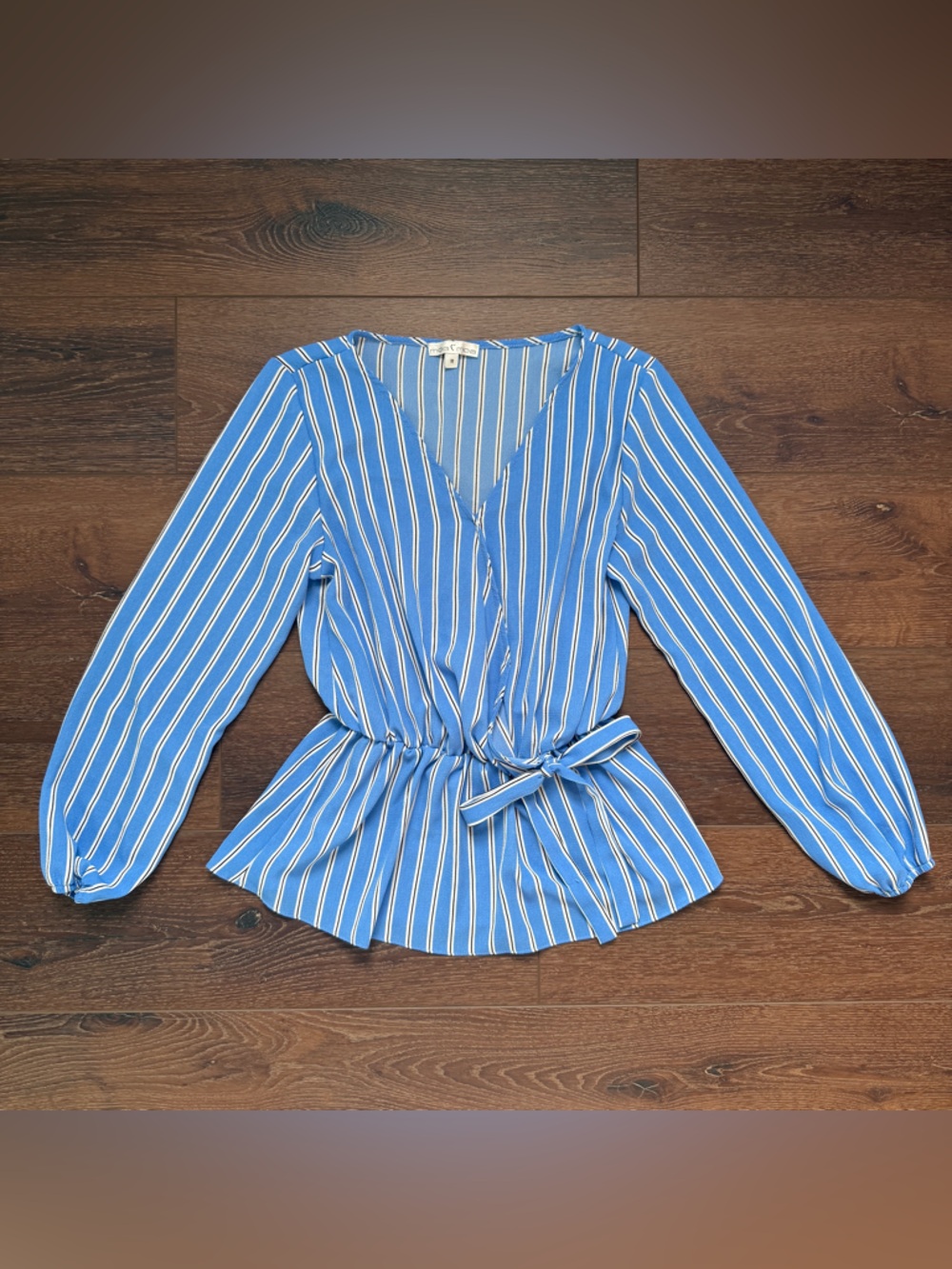 Moa Moa Blue and White Striped Tie-Front Long Sleeve Blouse